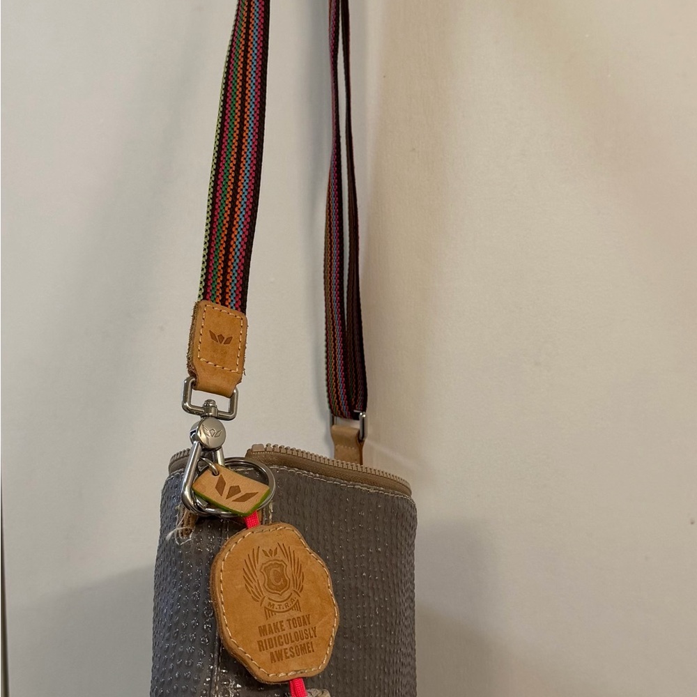Taupe Leather Crossbody Bag with Colorful Woven Strap - Picture 3 of 13